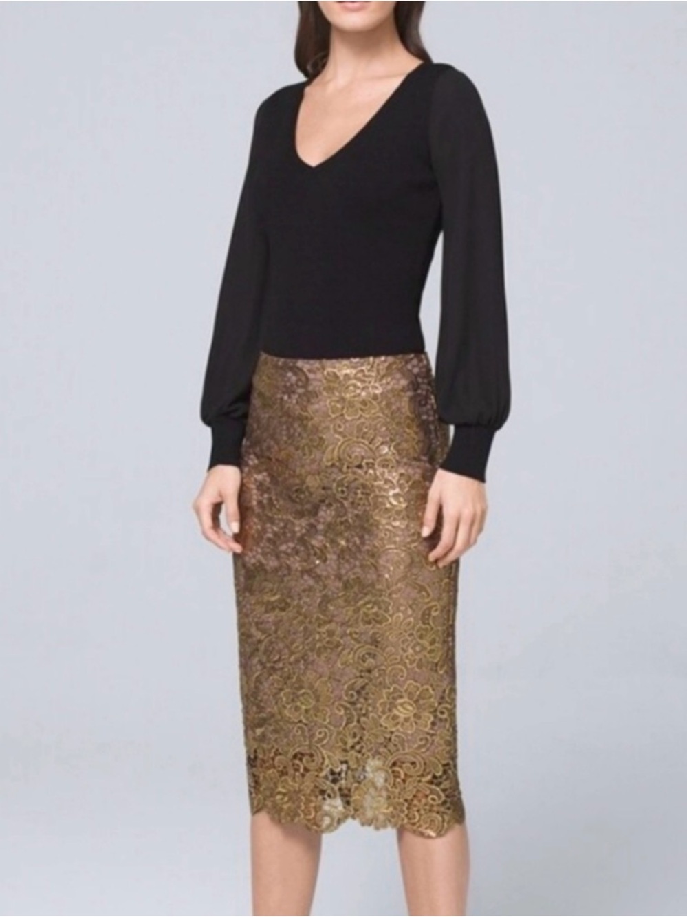 White House Black Market Gold Lace over brown satin Pencil Skirt size 2